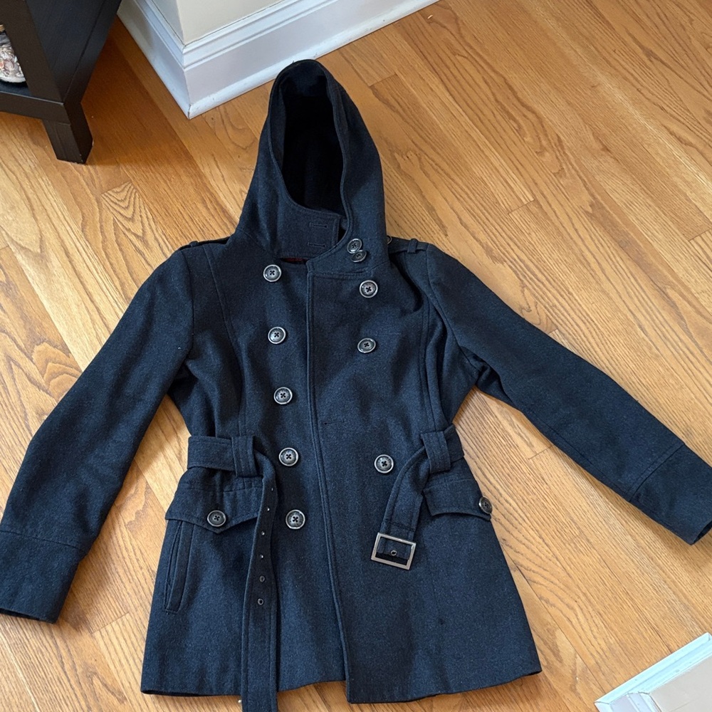 Charcoal Grey Double-Breasted Hooded Peacoat